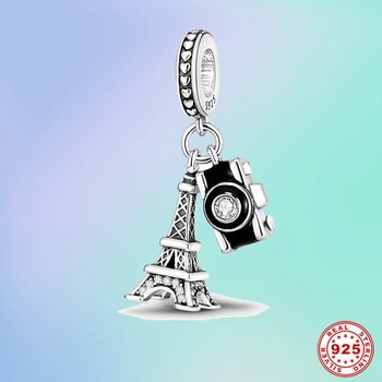 Nova Prata 925 Torre Eiffel, com câmera de charme pingente de Ajuste Original Charme Chaveiro para as Mulheres DIY Presente da Jóia
