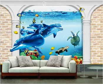 Foto 3d papel de parede personalizado mural Dolphin Seascape Romano, Coluna de cenário de fundo para casa de decoração de sala de estar papel de parede para parede 3 d