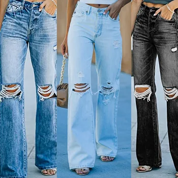 Mulheres 2022 Moda Chique Rasgado Buraco Wide Leg Jeans Vintage Cintura Alta Com Zíper Voar Feminino Calças Jeans, Calças De Mulher