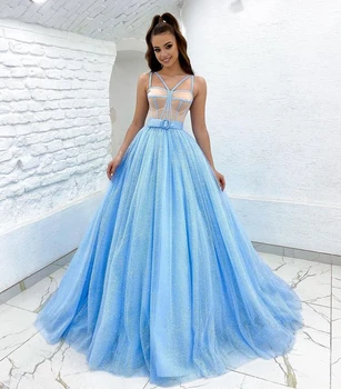 LORIE Querida Brilhante Tule Vestido de baile Vestidos de Noite 2021 Cruzado Volta Cintas de Espaguete Faixa do Céu Azul de Noite, Vestido de Festa