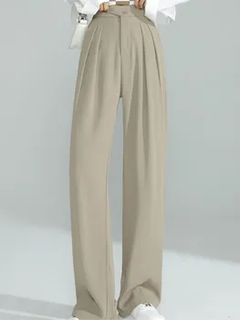 Casual Chic Primavera, Outono, Cor Sólida Mulheres Calças coreano Moda Cintura Alta Largura de Perna Calças OL Moda Vestuário de trabalho