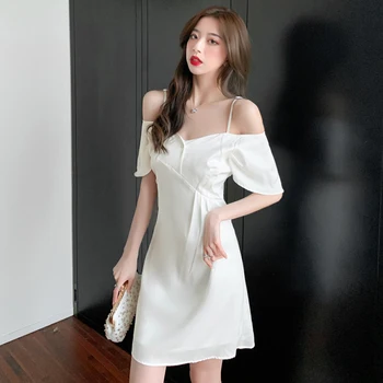 Verão branco Off Ombro Sexy Clube Mini Sling Vestido de Mulher Elegante Bodycon Festa Vestidos De 2022 Vintage coreano Chic Casual, Vestido