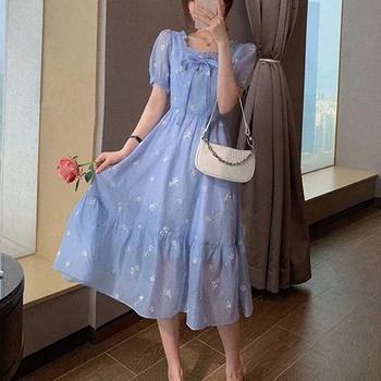 2021 Verão Arco Elegante Vestido Midi Mulheres Casual Manga Curta Sqaure Colar De Fada Floral Midi Vestido Feminino Vestido De Uma Peça Coreano