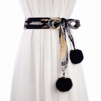 Consulte Laranja Boêmio Cinto de Tecido Com Black Fuzzy Bola Para Vestir Casaco Largo da Correia Elegante Cintos Para Mulheres SO3325