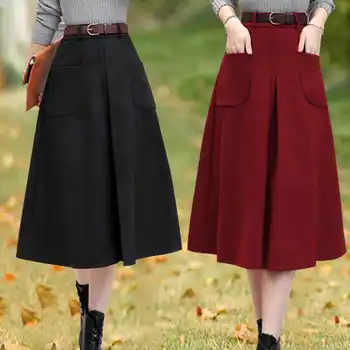 Mulheres 2022 Outono Inverno Elegante Saia Plissada Feminino Midi Cor Sólida Vintage Moda Cintura Alta, Saias Casual Jupe Femme C52