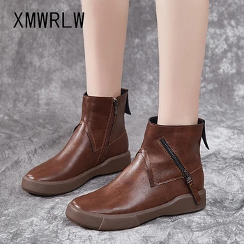 XMWRLW Retro Tornozelo Botas Para Mulheres de Outono Inverno Sapatos Quentes de Pelúcia Senhoras Ankle Boots 2021 Inverno de Couro Mulheres Sapatos de Sola de Borracha