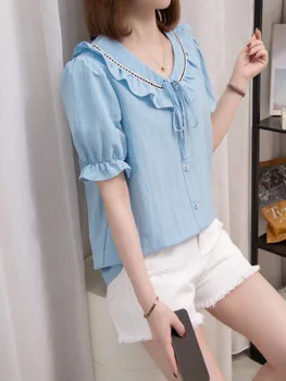 Oversize L-4XL Azul Blusas Femininas Verão com decote em V Manga Curta com Babados Grandes Camisas Estilo coreano de Moda Solta Arco Tops