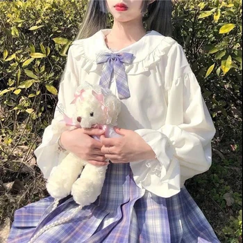 Branco Lolita Camisa Doce Japonês Kawaii Doll Gola Lolita Camisa De Manga Longa Aluno Jk Camisa De Uniforme 2023 Novo Branco Lolita Topo