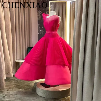 CHENXIAO 2022 Novo Design Arábia saudita Vestidos de Noite de Cetim Pregas Moles de Curto Prom Vestidos de Chá de Comprimento do Vestido da Ocasião Especial