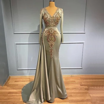 Muçulmano Sereia Sage Verde Overskirt Vestidos de Noite Vestidos de 2022 Luxo Elegante Frisado de Cetim Para as Mulheres ocasião Festa vestido de baile