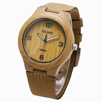 Relógio masculino Naturais de Bambu de Madeira Marrom Pulseira de Couro Genuíno com Números arábicos Estilo Clássico Relógios Casuais Simples Masculino Relógio