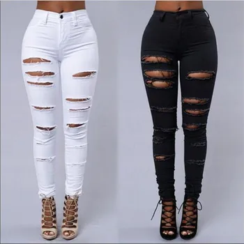 Moda feminina Slim Calças de Cintura Alta Jeans ocidental estilo Vintage Algodão Elástico Rasgado Buraco Jeans Skinny, Calças de S-XXL