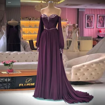 ANGELSBRIDEP árabe de Dubai Vestidos de Noite Uma Linha Deep Purple Fora de Ombro Lantejoulas Vestido de Baile de Trem Vestido de Festa Abendkleider QUENTE