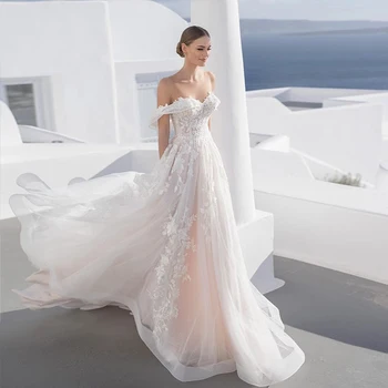 Boêmio Tule do Vestido de Casamento Querida Off Ombro Vestidos de Noiva Apliques de Botões, Uma linha de Vestidos de Noivas Vestidos De Noiva