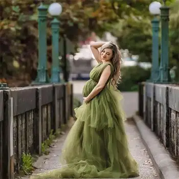 2022 Verde Oliva Vestidos De Baile Decote Em V Sem Mangas, Vestidos De Maternidade Camada De Tule Personalizar Elegante Vestido De Noite