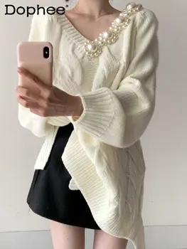 2022 Novo Outono Elegante V-pescoço, a Indústria Pesada Pearl Design Camisola Camisola das Mulheres coreano Ocioso Estilo de Comprimento Médio Camisola de Malha