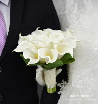 Toque Real PU Lírio de Calla de casamento de noiva, buquê de noiva Com / de mão flores brancas flores artificiais buquê de casamento
