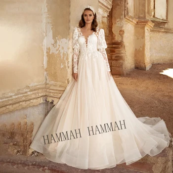 HAMMAH Princesa 2022 Vestidos de Noiva com Decote em V Puff Manga Tribunal de Trem Botão de UMA LINHA de Apliques de Robe De Soirée De Mariage