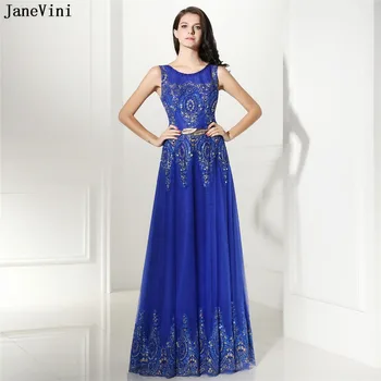 JaneVini Encantador Azul Royal Longos Vestidos De Dama De Honra De Uma Linha De Pescoço De Colher Lantejoulas Frisado De Volta Zipper Tulle Vestido De Festa De Casamento 2018