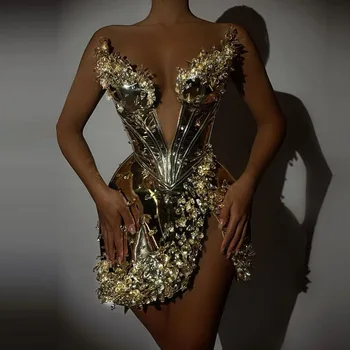 Ouro original de Couro, Vestido de Baile, com Pesadas Esferas Sexy Profundo Decote em V Completo Cristais Chique Noite Vestidos de Festa 2023 Curto Vestidos de Baile