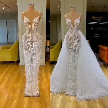 Luxo Pérolas Árabe Sereia Vestidos De Noiva Vestidos De Noiva Com Trem Destacável Sexy Espaguete Decote Em V Pena De Robe De Mariée
