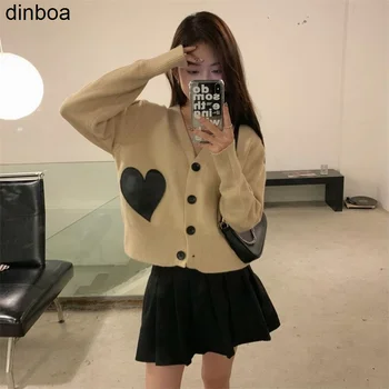 Dinboa-moda Manga Longa Suéter de Cashmere Cardigan Casual de Couro, o Coração do Amor do Suéter de Cashmere Cardigan Casual Mulheres Crop Top