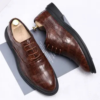 Homens sapatos Oxford casual de couro Artificial de Renda antiderrapante e impermeável, Respirável, Wearable