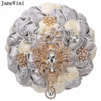 JaneVini Luxo De Ouro Strass Cristal Buquê De Casamento Mariage Artificiel De Cetim Branco De Flores Artesanais Cinza Bouquets De Noiva