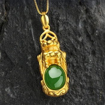 Moda Cor de Ouro Pi Xiu Colar Pingente Pedra Verde Animal Colar de Boa Sorte Jóia Colar Amuleto para Homens Mulheres Jóias