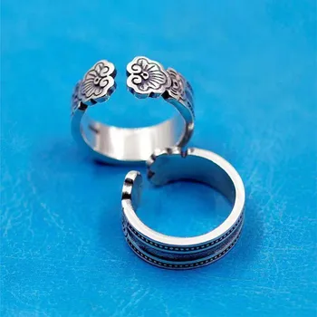 Prata pura cor auspiciosa Ruyi padrão anel dos homens animada retro personalidade casal anel mengke cor de prata