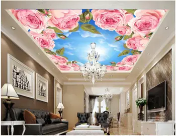 3d teto murais de fotos de papel de parede Rosa flor azul do céu uma nuvem branca a decoração home 3d murais de parede papel de parede para sala de estar