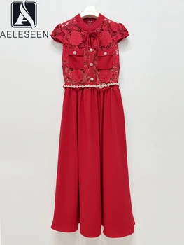 AELESEEN Designer de Moda Mulheres de Vestido Vermelho Primavera Verão Bordado de Flores de Diamantes Correia Elegante Longo do Partido Férias