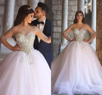 Vestidos De Noiva De Luxo Esferas De Cristal Metade Mangas De Vestidos De Noiva 2021 Pura De Volta Tule Vestido De Baile Árabe De Dubai Vestido De Noiva