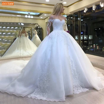 Luxuoso Vestido De Casamento Branco, 2022 Robe De Mariée Laço Appliqued Beading Vestido De Noiva Feito De Noiva, Vestidos De Mangas Compridas