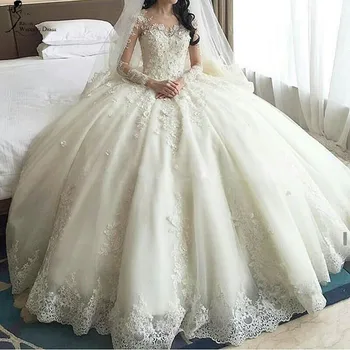 Glamour de noiva, Vestido de baile Princesa Apliques no Corpete Vestido De Noiva com Mangas Longas Tribunal de Trem mãe da noiva vestidos