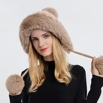 Chapéu de malha de Moda com Earflap Três Bolas de Inverno Confortável Quente Mulheres Beanies Chapéu para o Exterior Mulheres de Chapéu Chapéu de Malha