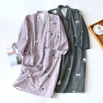 Kimono Japonês Roupão De Banho 2021 Homens Mulheres Moda De Algodão Yukata Bonito Imprimir Vestes Solto E Casual Feminino Camisola Sleepwear