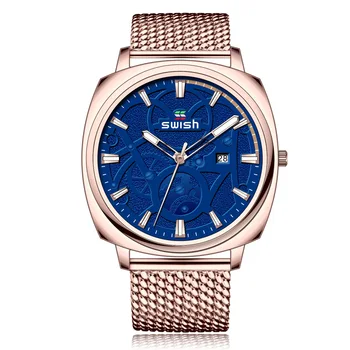 SWISH Vestido Rosa Relógio de Ouro para Homens relógio de Pulso de Quartzo Ver o Azul Data de Relógio Masculino Impermeável Lume Clássico Relógio da Caixa de Presente