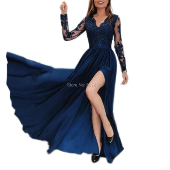 10253 azul marinho com decote em V naturais de Uma linha do assoalho-comprimento de cetim longos vestidos de noite/festa vestidos de applique&fenda frete grátis
