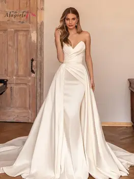2022 Vestido De Noiva Sem Encosto De Cetim Marfim Sweetheart Uma Linha De Vestido De Noiva Capela Trem Vestidos De Celebridade Feitos Vestido Branco