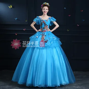 flores azuis bordado vestido medieval Renascentista Vestido de princesa Vitoriana/Antoinette bell ball gown