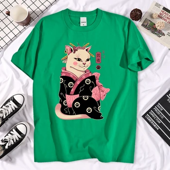 Ukiyoe Japonês Gueixa Gato Impresso Homem Camiseta Estilo Crewneck T-Shirt Da Moda Solta Camisetas Simplicidade S-Xxxl Homens Mangas Curtas