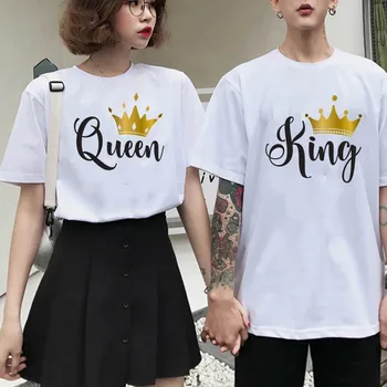 2022 Novo Rei Coroa de Rainha Impresso Casais de Algodão T-Shirt em Harajuku Mulheres Homens T-shirt de Verão Amante Roupas Pulôver Tops XS-3XL