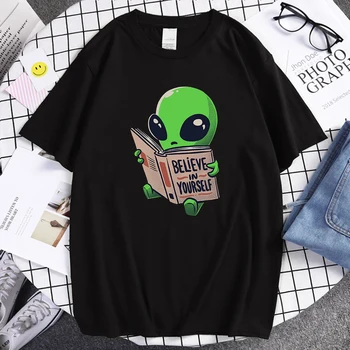 Acredite Em Si mesmo Alienígena Está Lendo Imprimir Camiseta Homem Macio Casual T-Shirt Travering Slim Roupas Simples Amantes T-shirts