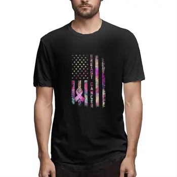 Bandeira americana Conscientização do Câncer de Mama Apoio Empate Graphic Tee masculina de Manga Curta T-shirt Engraçada Tops de Algodão