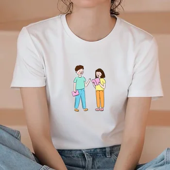 T-shirts Mulheres de 90 Casual Casais Kawaii Bonito Roupas da Moda Elegante Camiseta Top Senhora de Impressão Menina Tee T-Shirt