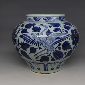 Antigo YuanDynasty jarra de porcelana,blue Phoenix pote,pintado de artesanato,Decoração,Coleção&Adorno,frete Grátis