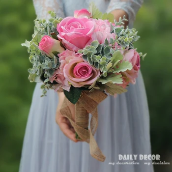 2018 Alta simulação de Casamento Flores do Jardim Buquê de Decoração de Casa de Flores de Dama de honra, Bouquets de Rosas, Bouquet de Noiva cor-de-rosa cor verde