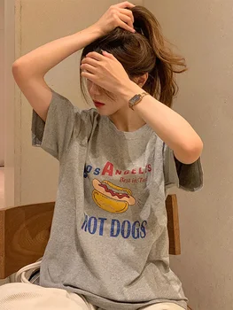 Engraçado Cachorro-Quente desenho Gráfico t-Shirt Para as Mulheres de Verão do Algodão de Manga Curta y2k Superior Grunge Solta coreano Streetwear Urbana Tops