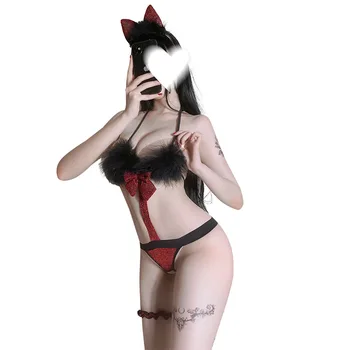 Natal lingerie sexy desempenhar o papel de sedução de uma peça de terno arco de pelúcia Gato-menina uniforme Tanga